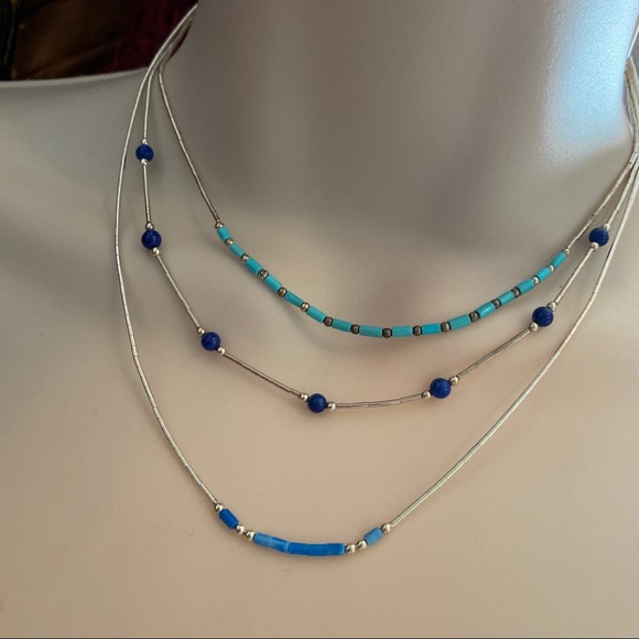 Liquid Silver & Lapis Lazuli Beaded Necklace - Picture 3 of 4